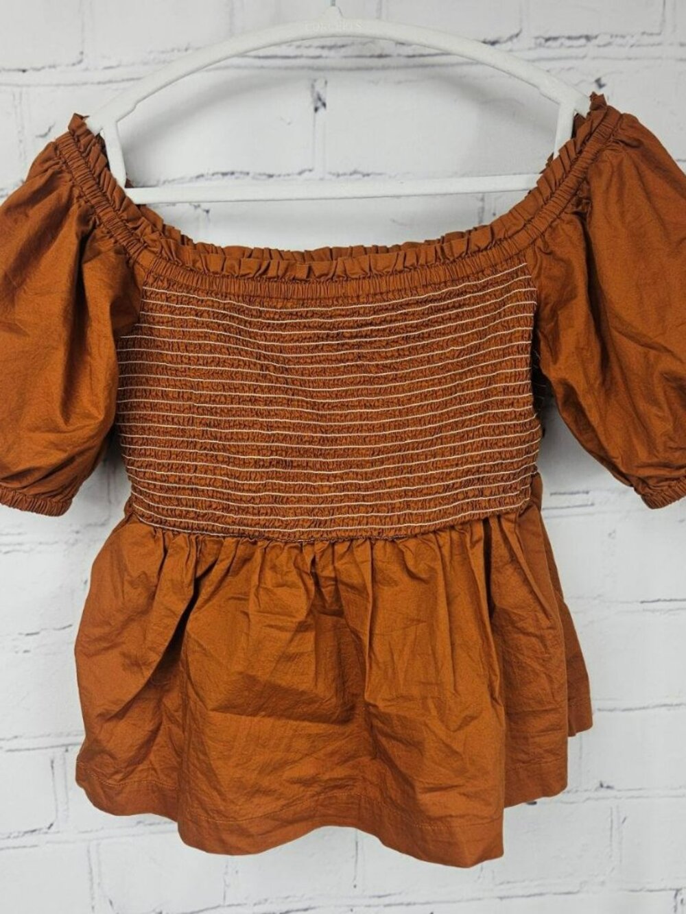 Old Navy Smocked Off Shoulder Rust Peplum Top Womens M Balloon Sleeve Cotton